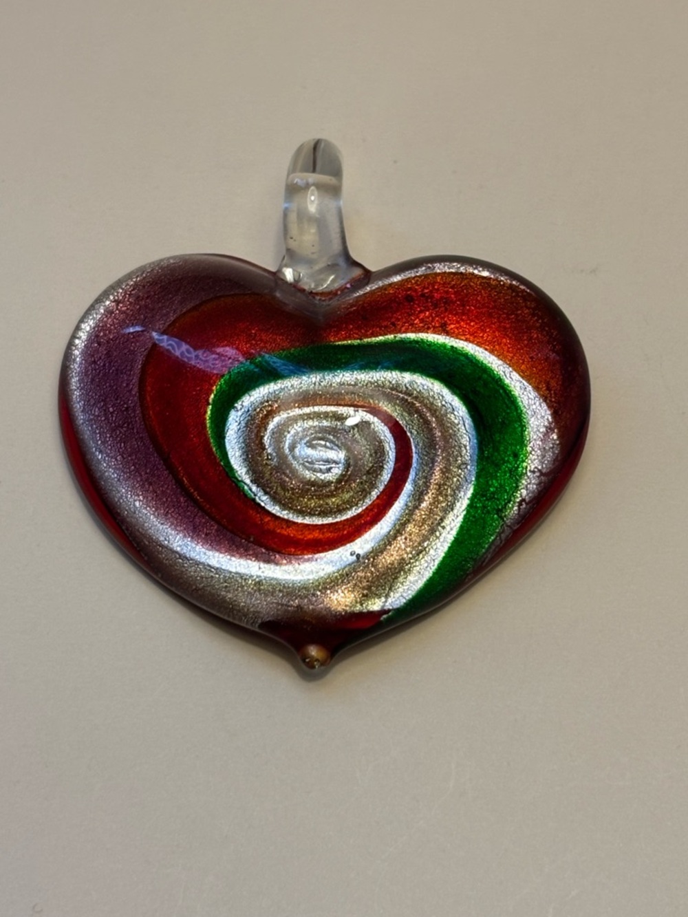 Heart Glass Pendant in Red, Green & Silver 1-7/8”